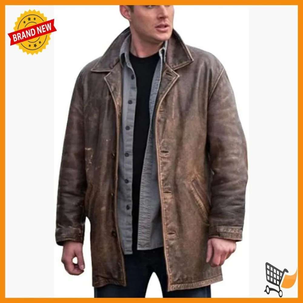 Men's Genuine Leather Trench Coat 3/4 Length Distressed Vintage Style